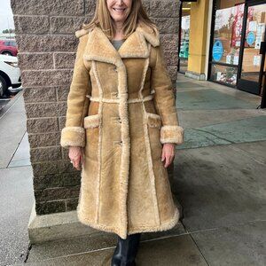 Vintage 70s Texas Tanning SHEARLING Leather Sheepskin Long Trench Coat